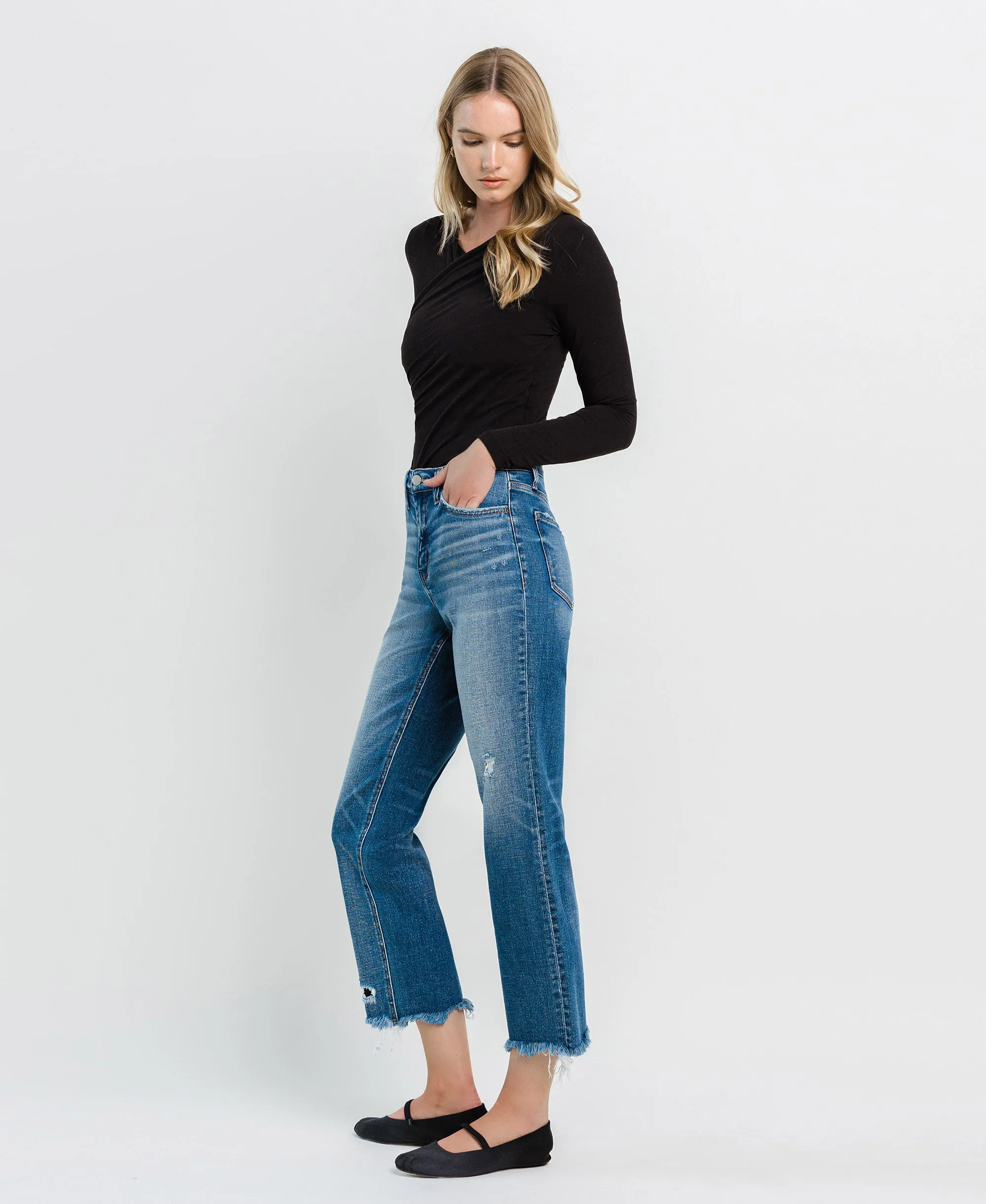 Admire - High Rise Frayed Hem Crop Straight Jeans