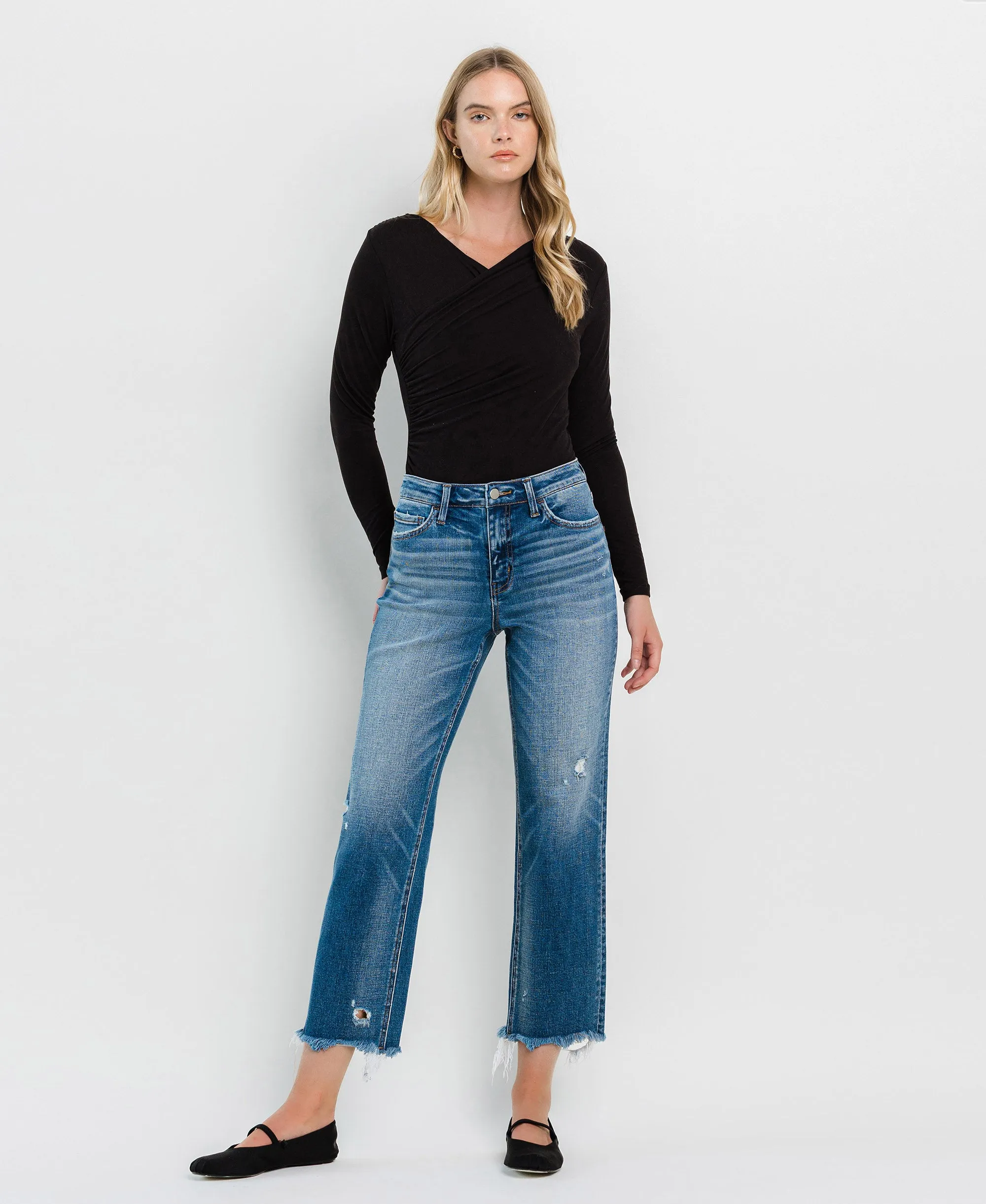 Admire - High Rise Frayed Hem Crop Straight Jeans