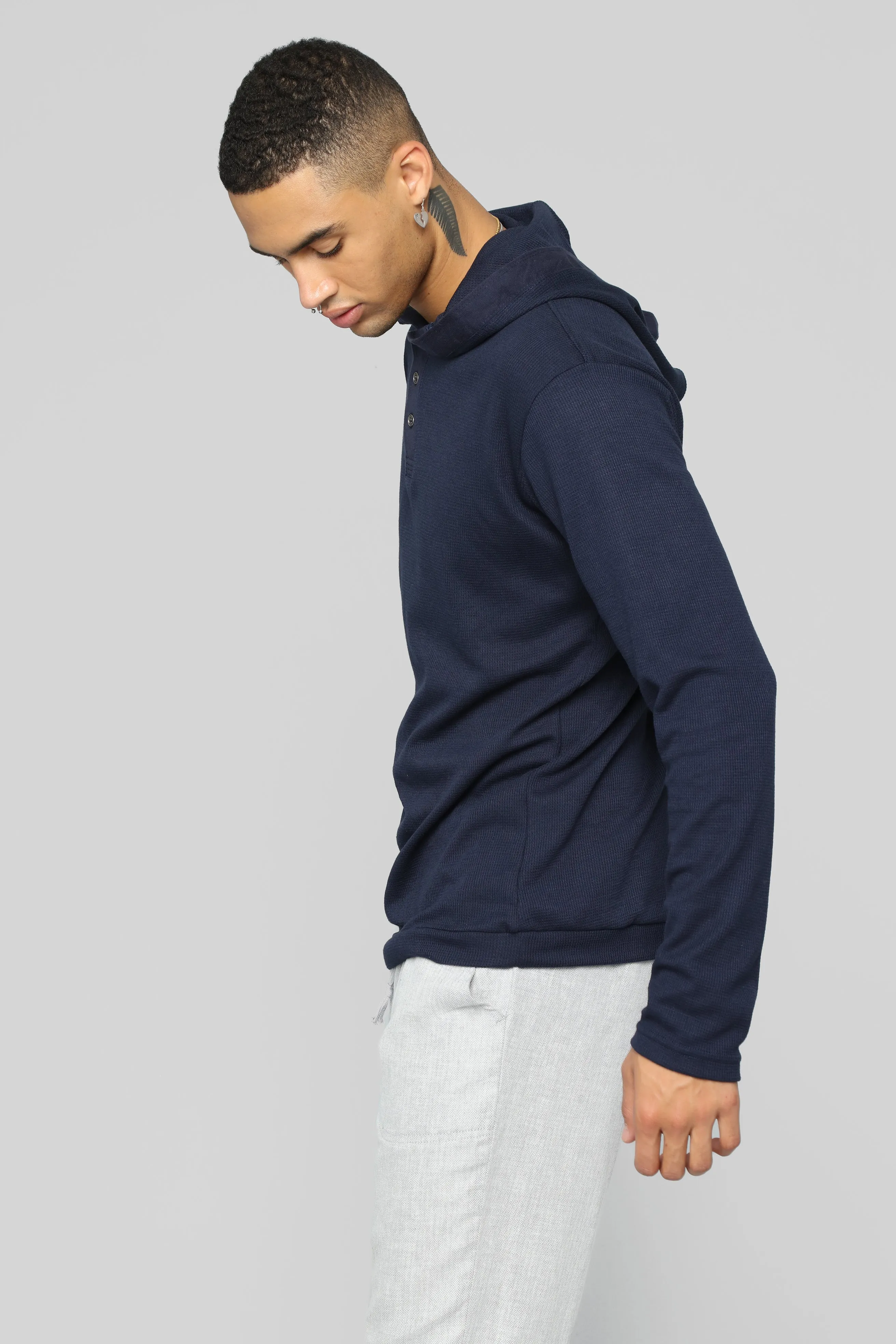 Anderson Long Sleeve Hooded Henley Top - Navy