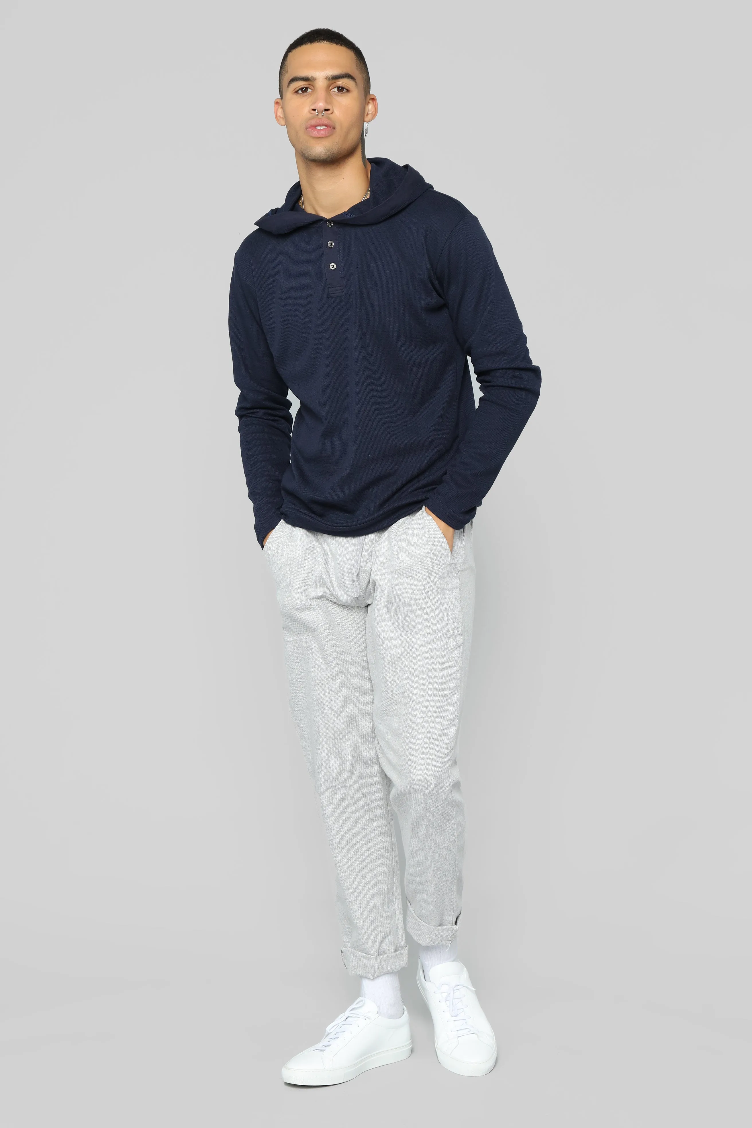 Anderson Long Sleeve Hooded Henley Top - Navy