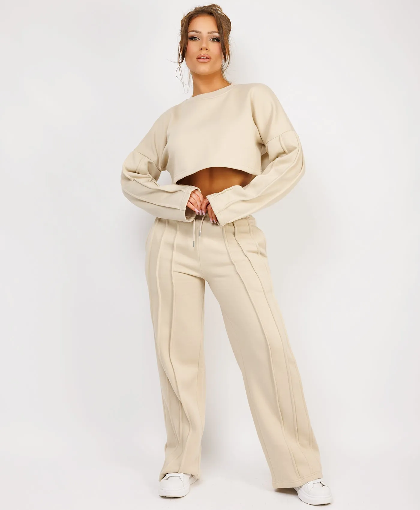 Beige Cropped Sweatshirt And Pintuck Detail Joggers Tracksuit