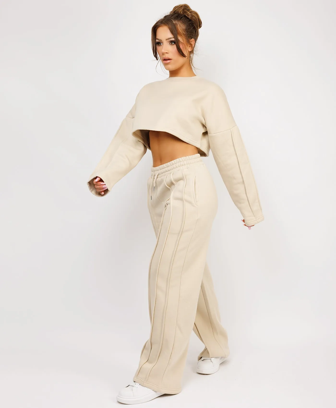 Beige Cropped Sweatshirt And Pintuck Detail Joggers Tracksuit