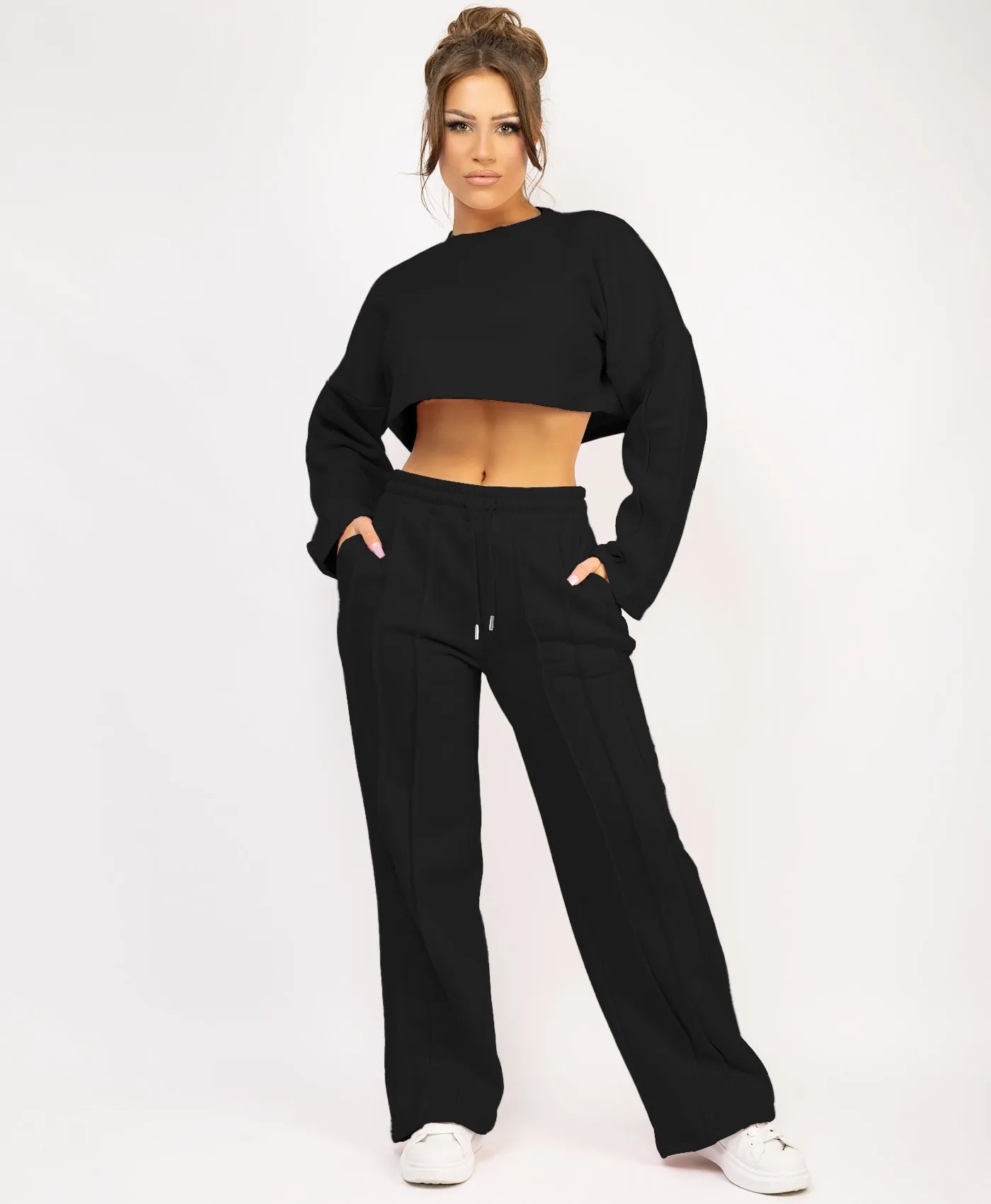 Black Cropped Sweatshirt And Pintuck Detail Joggers Tracksuit