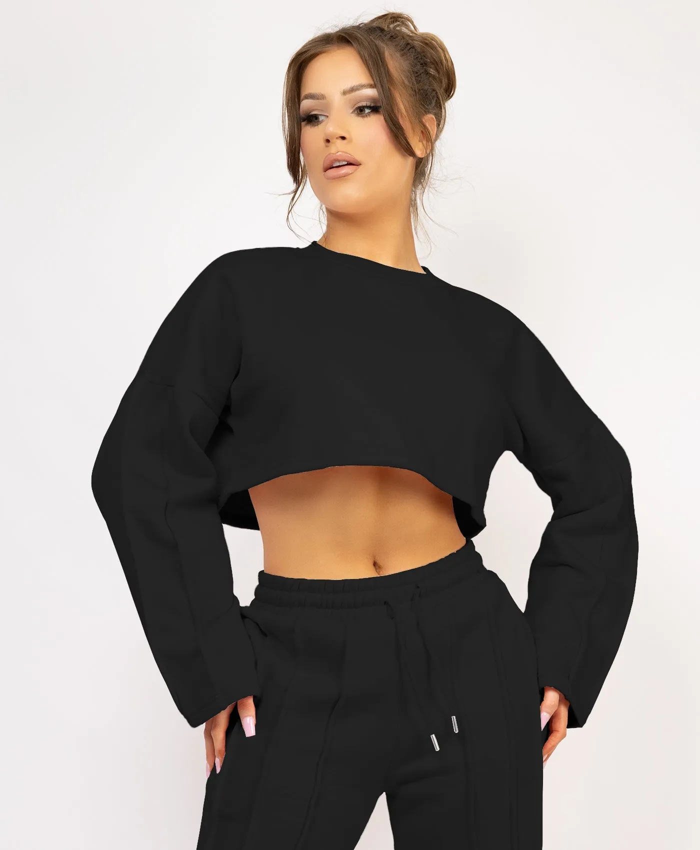 Black Cropped Sweatshirt And Pintuck Detail Joggers Tracksuit