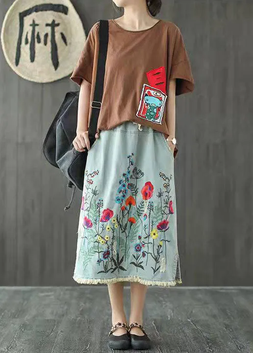 Boho Dark Blue Embroideried Tasseled A Line Summer Skirts Denim