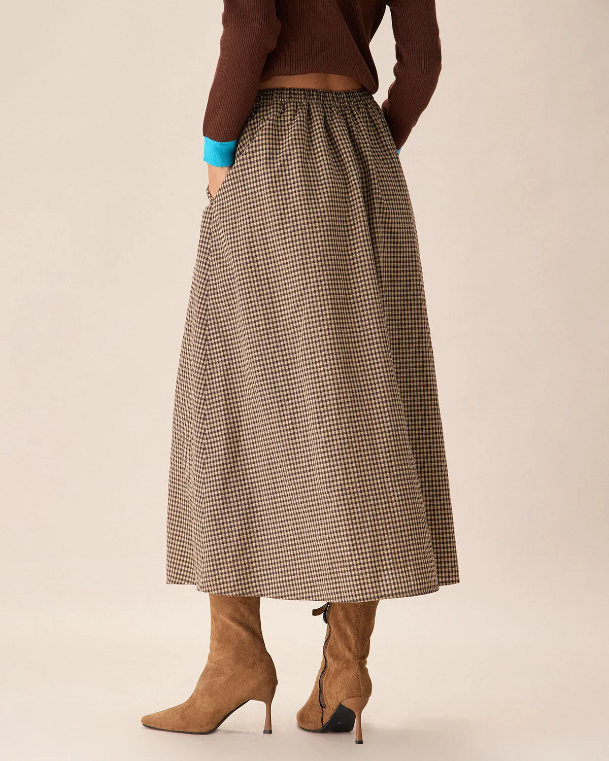 Brown Plaid High-Waisted Pocket Midi Skirt