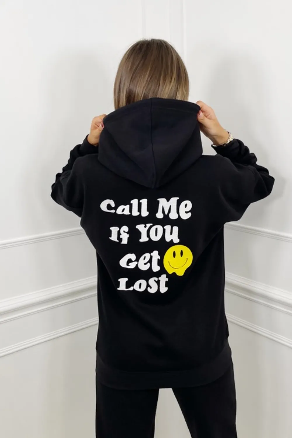 Call Me embroidered black hooded loungewear set