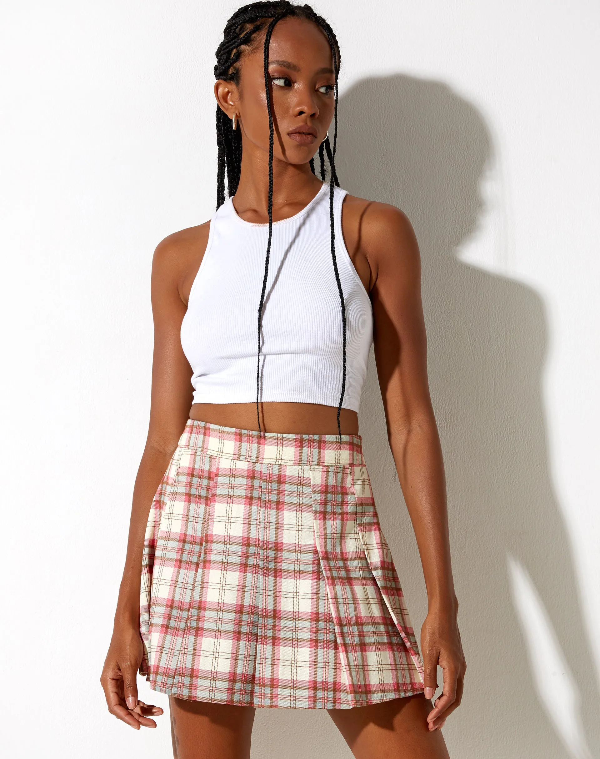 Carga Mini Skirt in Check Ecru and Pink