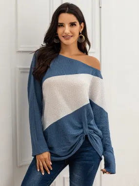 Colour-Block Oblique Shoulder Ruched Tee