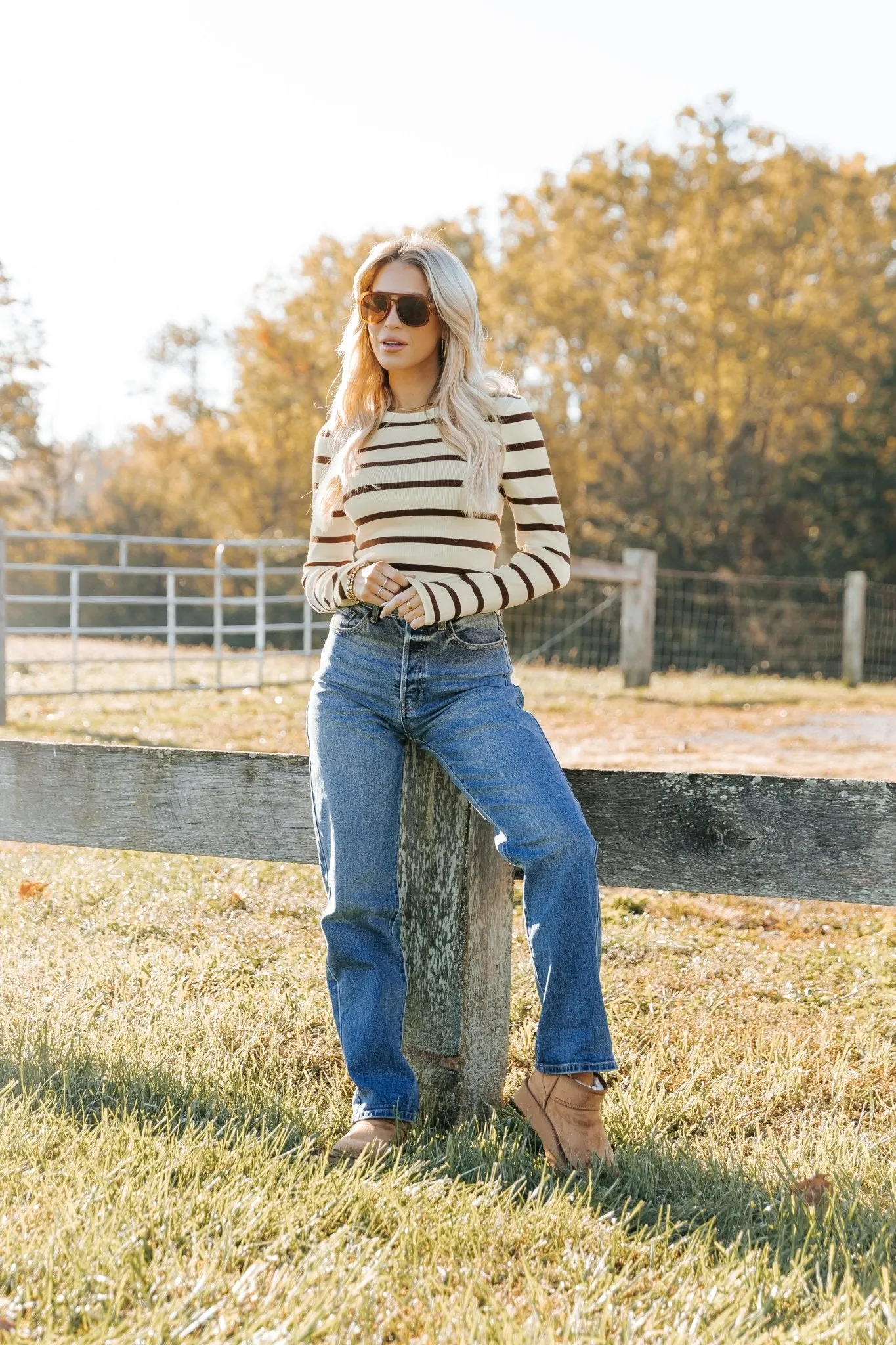 Cream and Brown Striped Bodysuit