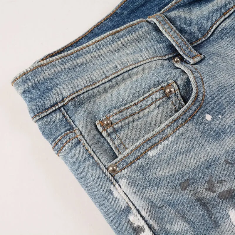 Distressed Silver Rhinestone Slim Blue Jeans