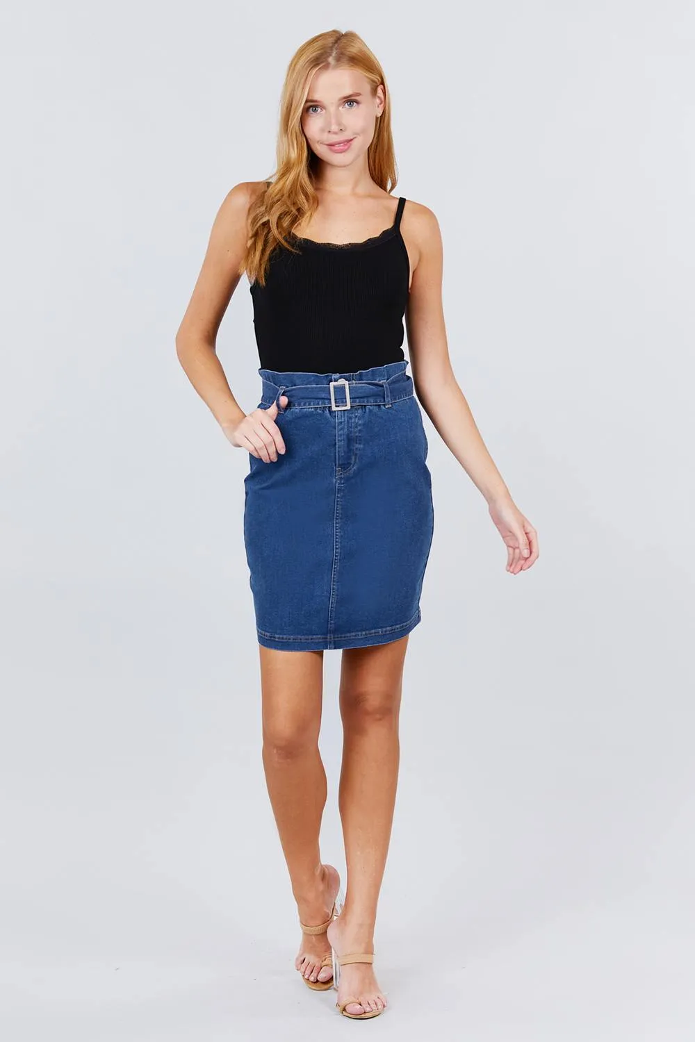 Elasticized Waist With Belt Side Pocket Denim Skirts