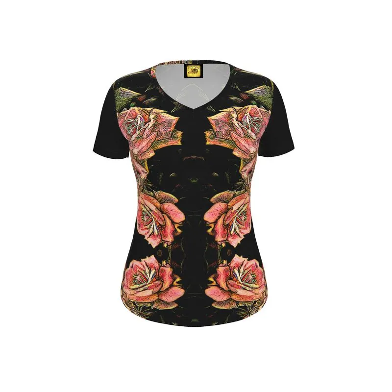 Floral Embosses: Roses 06-01 Ladies Designer V-neck Slim Fit Jersey T-shirt