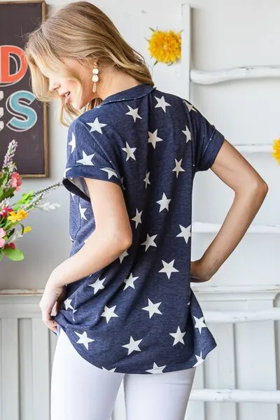 Full Size Star Print V-Neck Short Sleeve T-Shirt