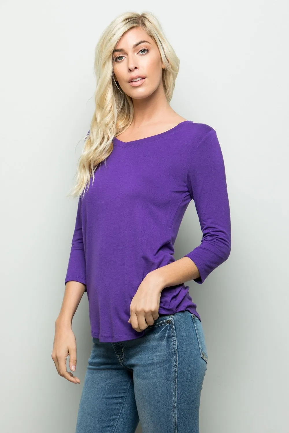 Full Size Three Quarter Sleeve V-Neck T-Shirt