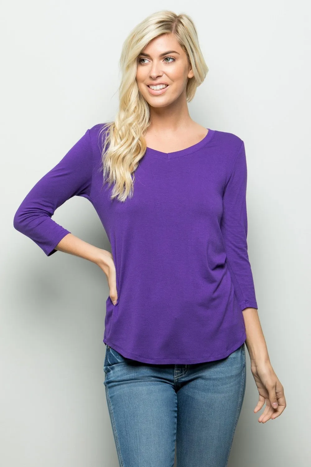 Full Size Three Quarter Sleeve V-Neck T-Shirt