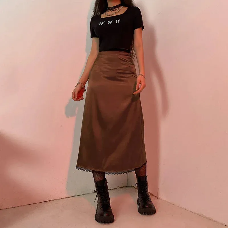 Girlary Striped Long Skirts Retro Y2K Straight Skirts High Waisted Skirts Women Sweet Cute Party Skirts Grunge Trendy Autumn