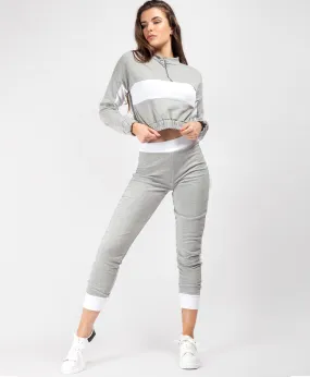 Grey Contrast Crop Sweatshirt & Joggers Loungewear Tracksuit