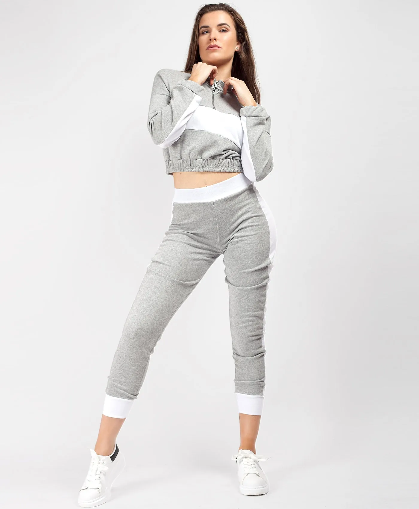 Grey Contrast Crop Sweatshirt & Joggers Loungewear Tracksuit