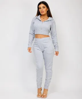 Grey Zipped Cropped Hooded Tracksuit Loungewear Set