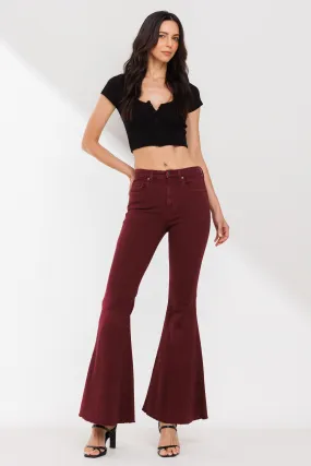 HIGH RISE RED WINE COLOR FLARE JEANS WITH RAW CUT HEM / SP-P12257RW