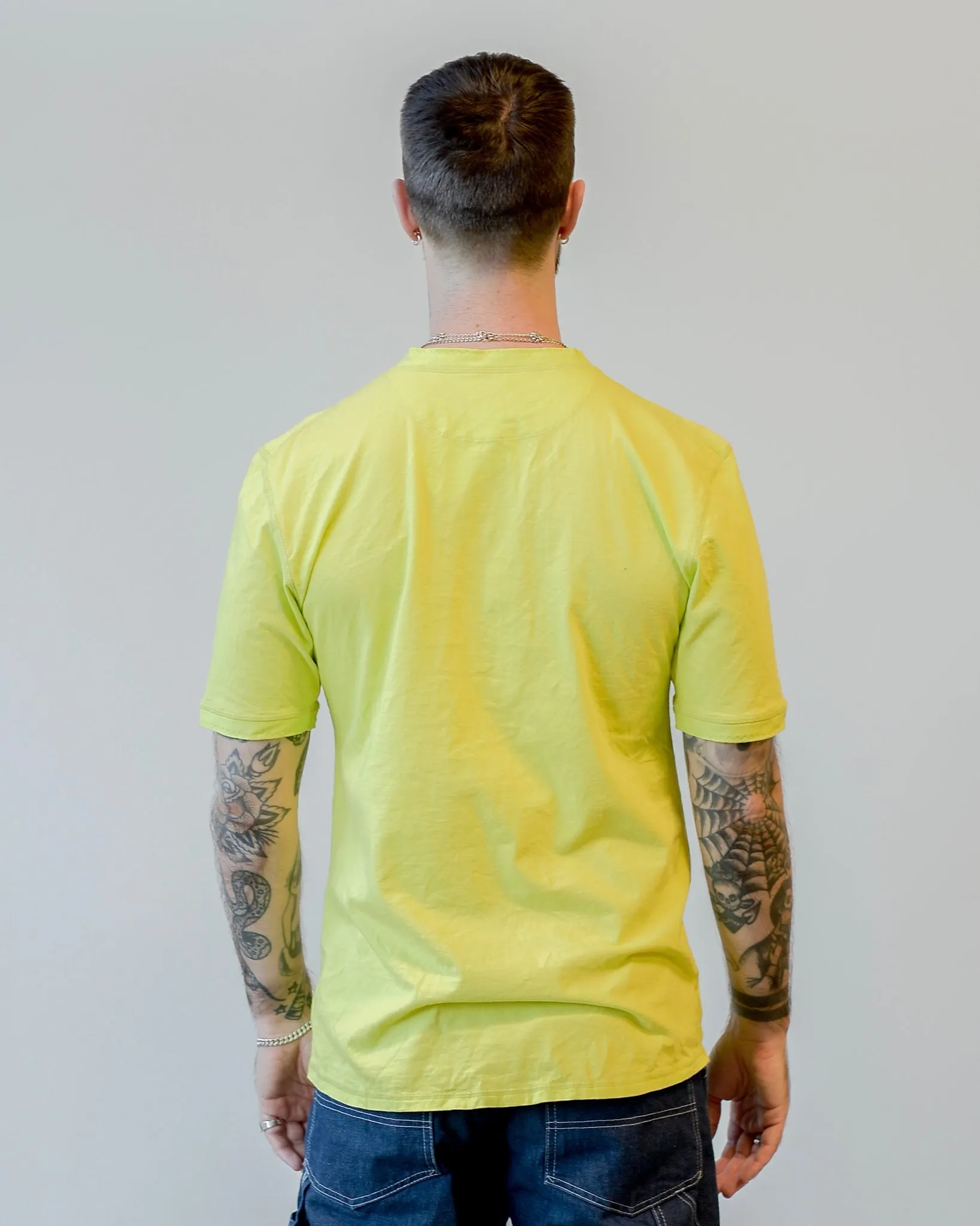 Homespun Knitwear Coalminer Henley Short Sleeve Combed Cotton Jersey Acid Lime