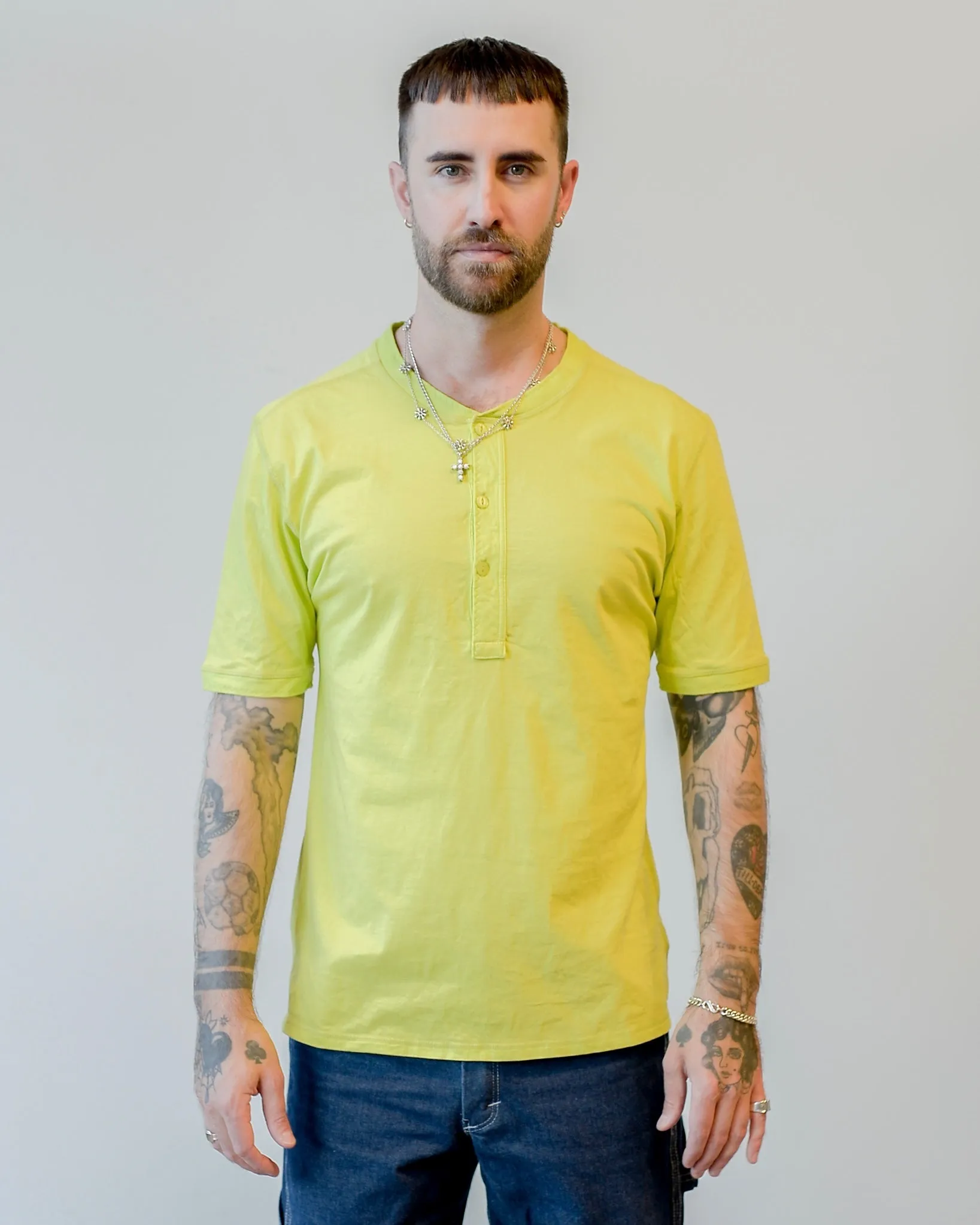 Homespun Knitwear Coalminer Henley Short Sleeve Combed Cotton Jersey Acid Lime