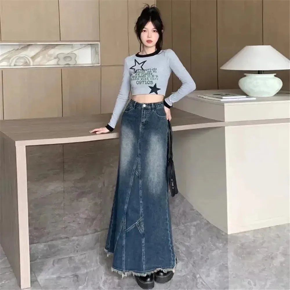 Irregular Fishtail Design Long Denim Skirts