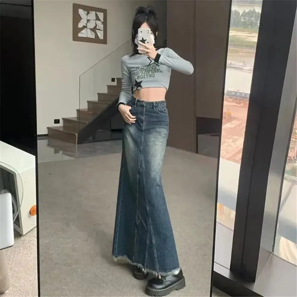 Irregular Fishtail Design Long Denim Skirts