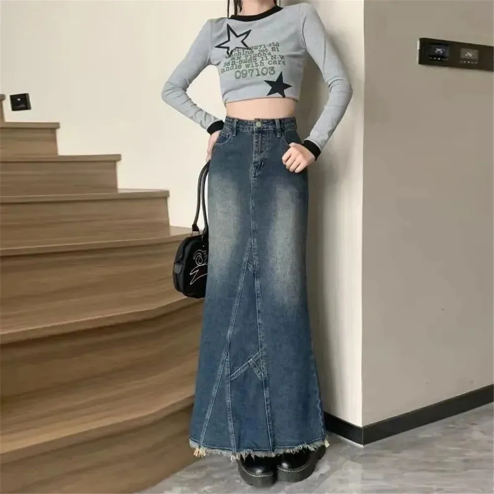 Irregular Fishtail Design Long Denim Skirts