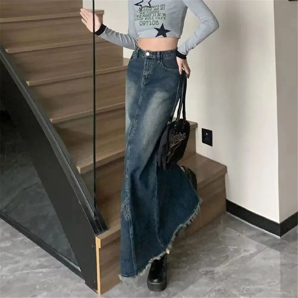 Irregular Fishtail Design Long Denim Skirts