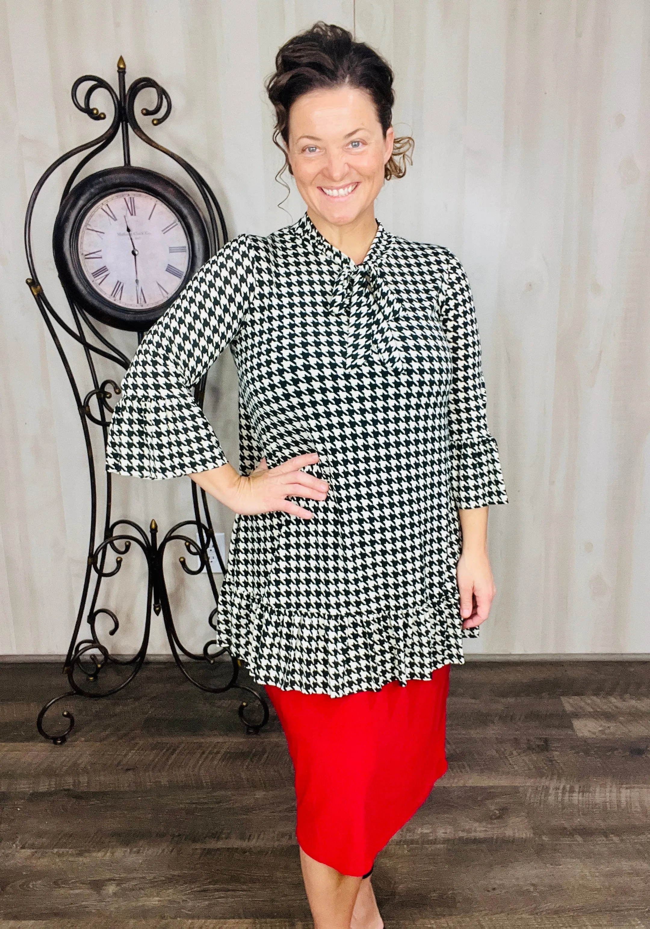 Jasmine Bow & Ruffle Tunic- Houndstooth