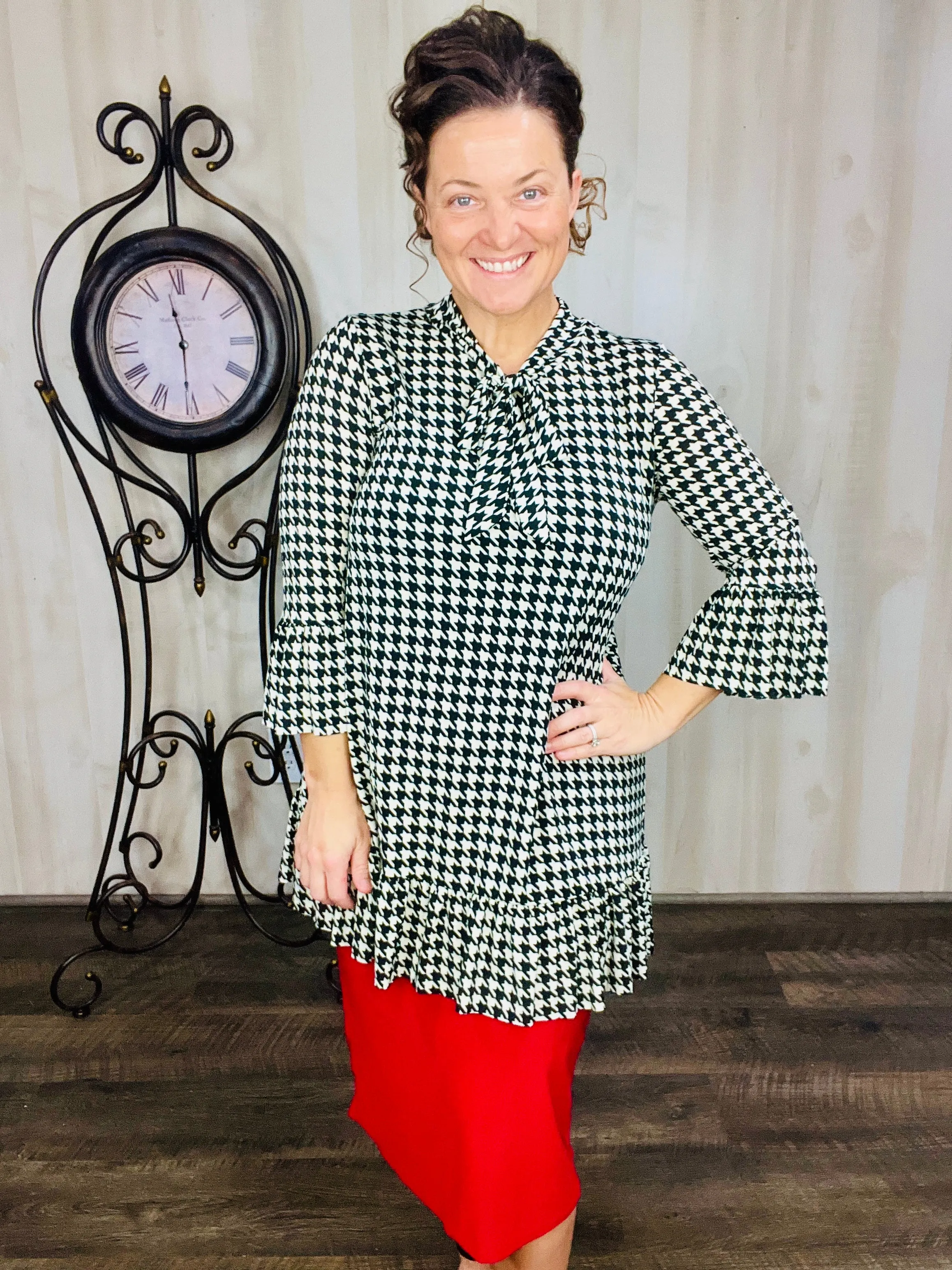 Jasmine Bow & Ruffle Tunic- Houndstooth