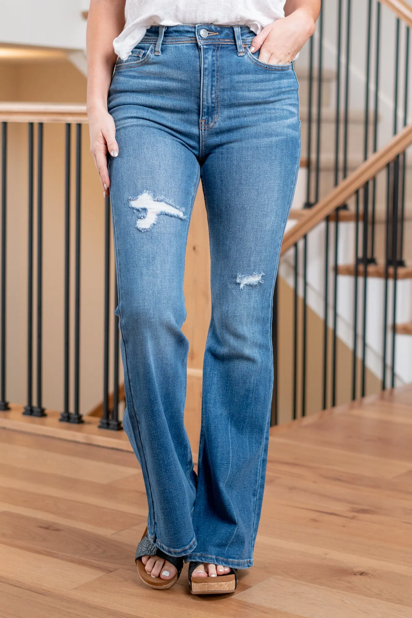 Julianne High Rise Distressed Flare