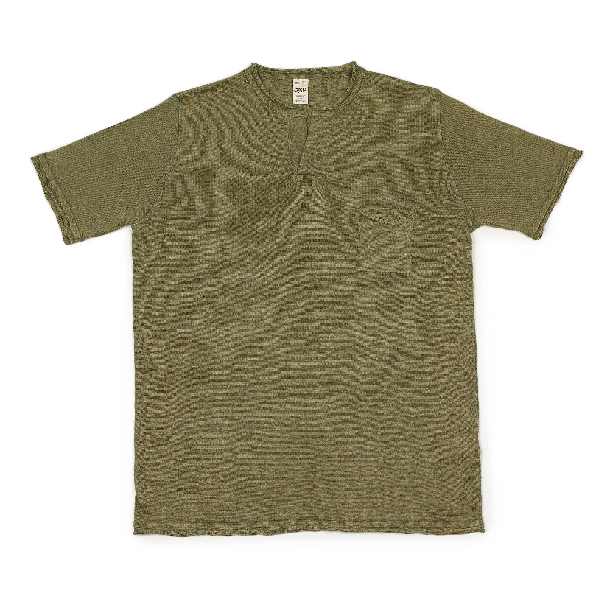 Knit short sleeve henley tee in military green linen (restock)