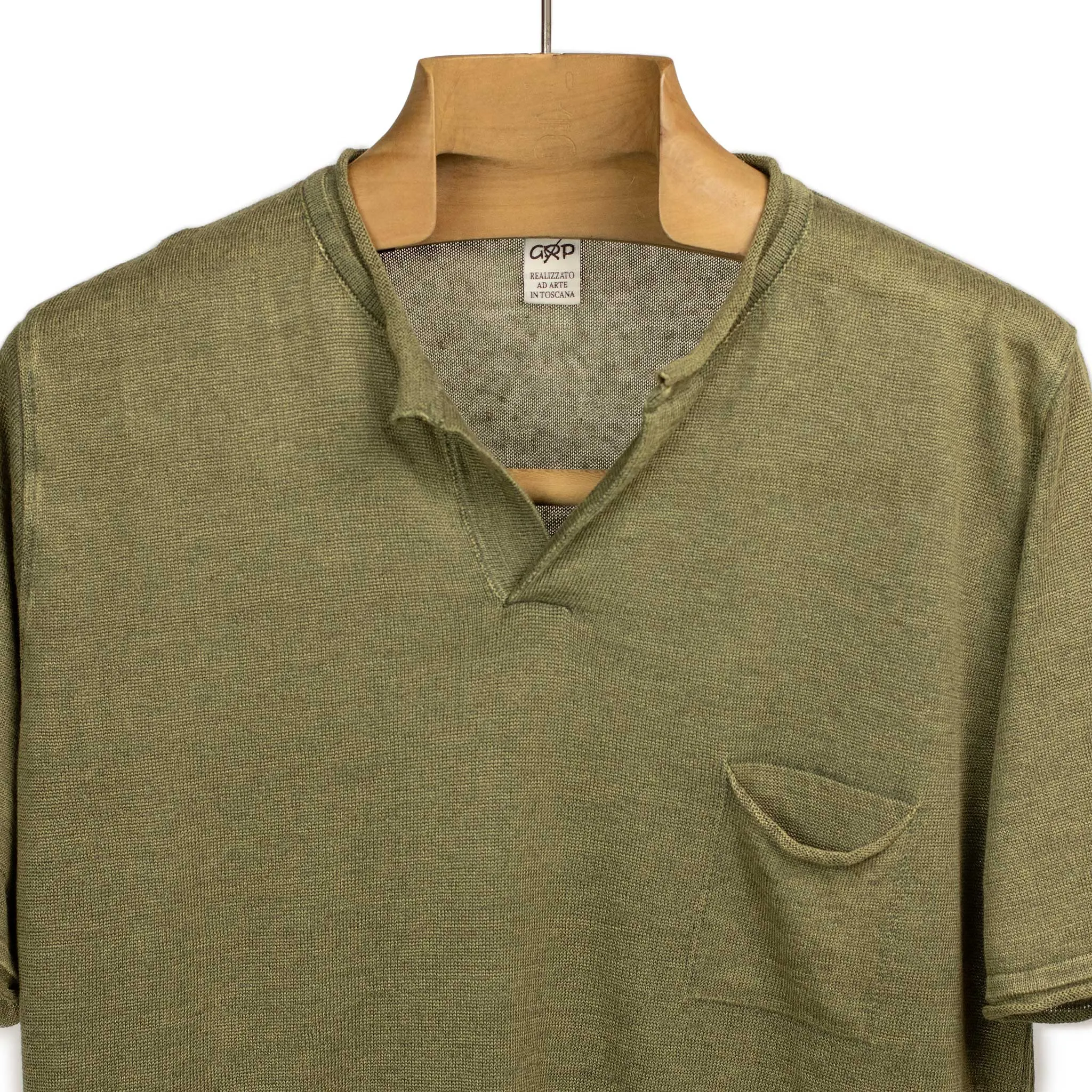 Knit short sleeve henley tee in military green linen (restock)