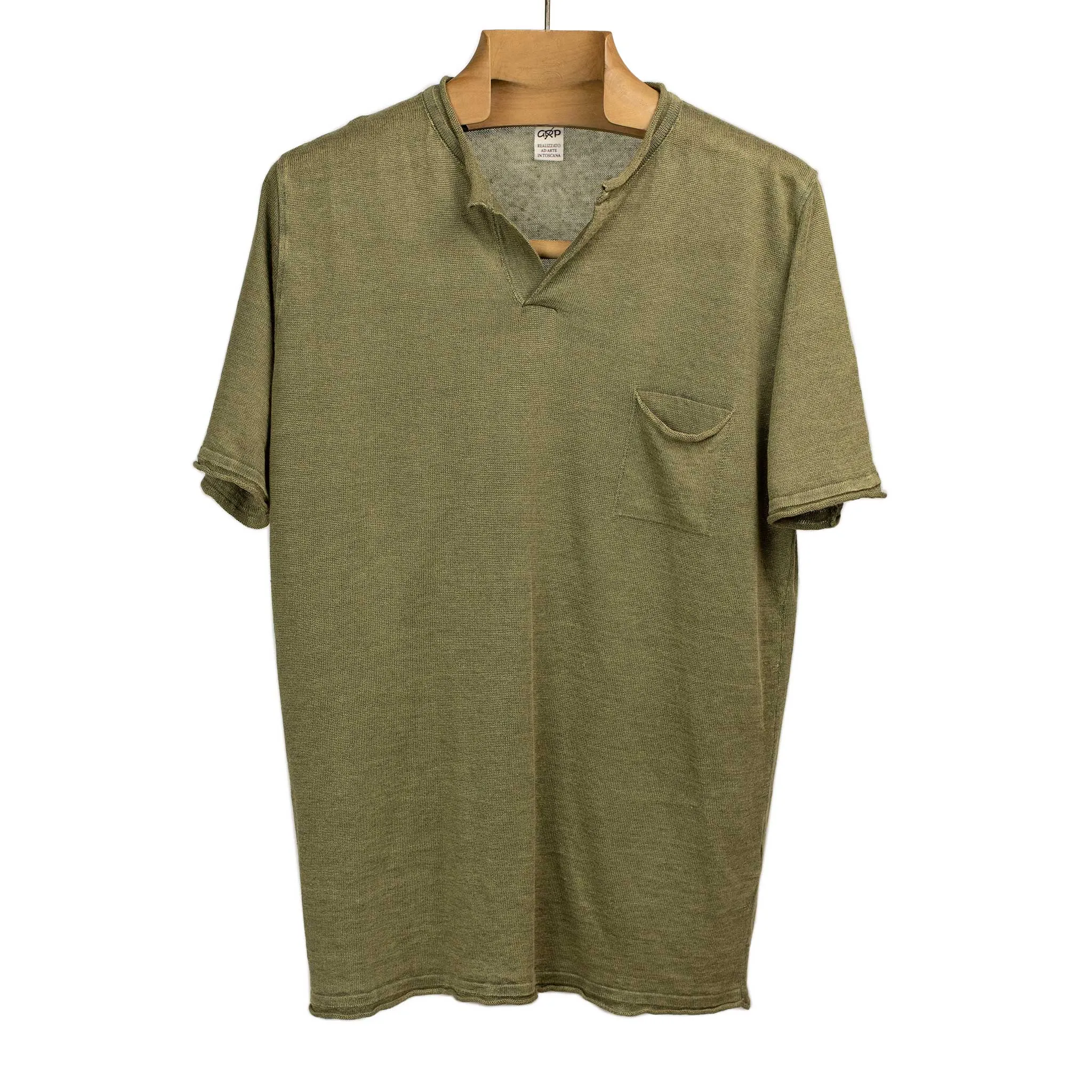 Knit short sleeve henley tee in military green linen (restock)