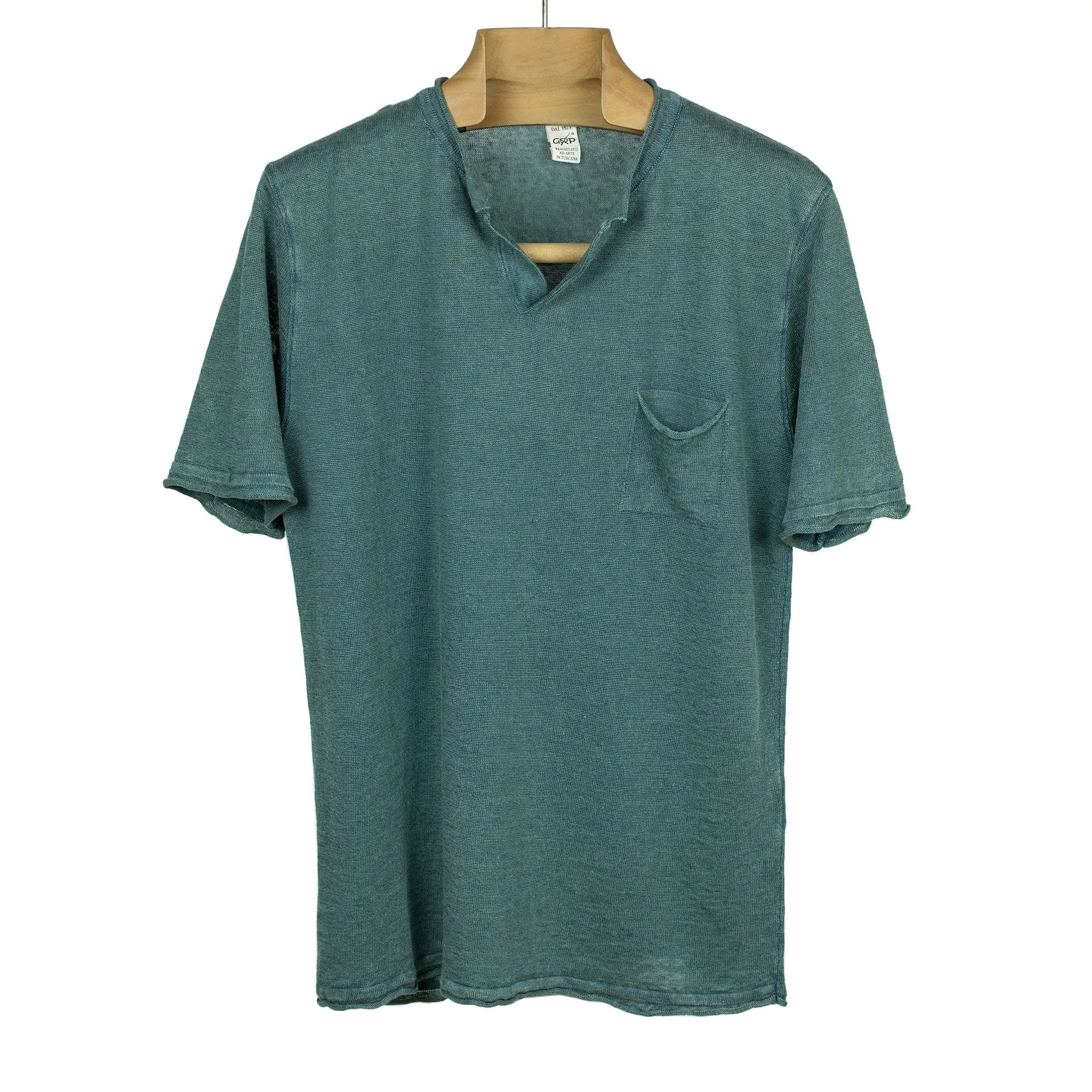 Knit short sleeve linen henley tee, faded petrol (restock)