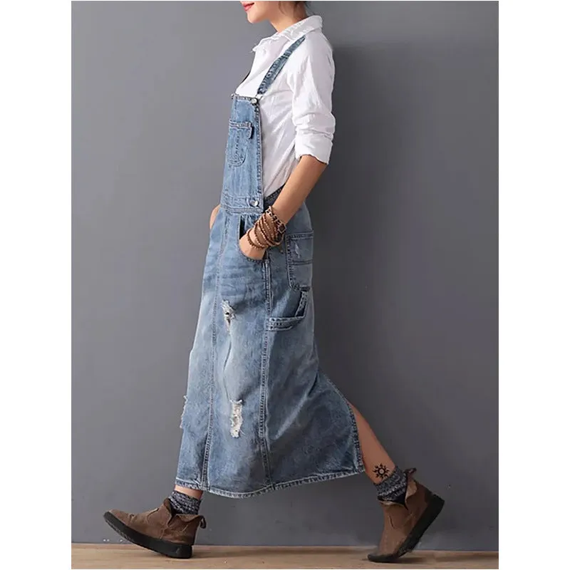 Ladies Denim Skirt Ripped Suspender Women Denim Skirt Suspender Skirt Women