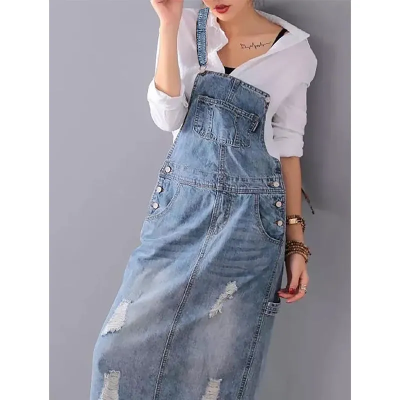 Ladies Denim Skirt Ripped Suspender Women Denim Skirt Suspender Skirt Women