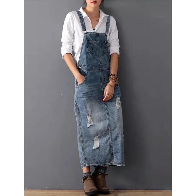 Ladies Denim Skirt Ripped Suspender Women Denim Skirt Suspender Skirt Women