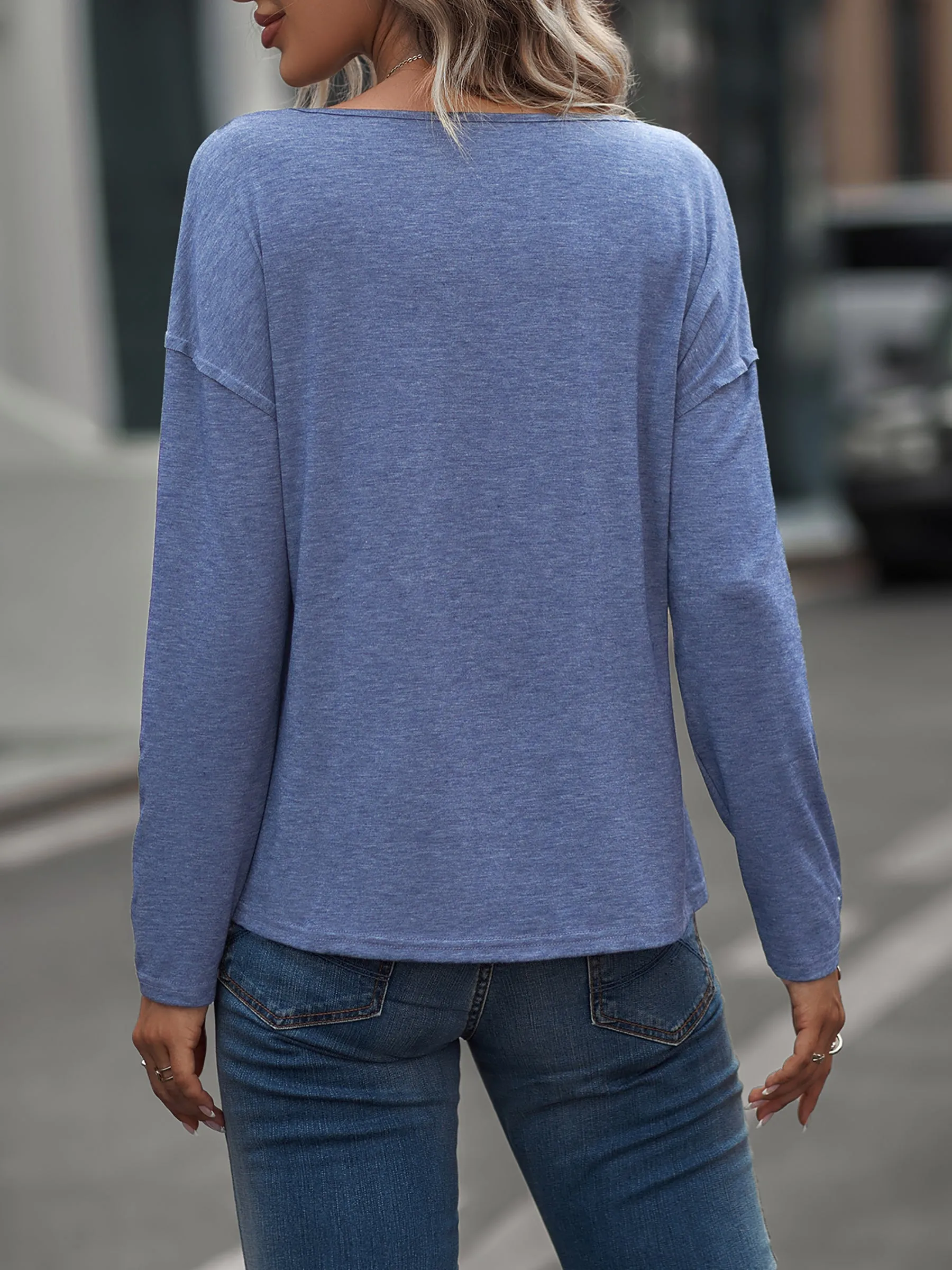 Long Sleeve V-Neck Henley Oversized Solid Color Casual Tops