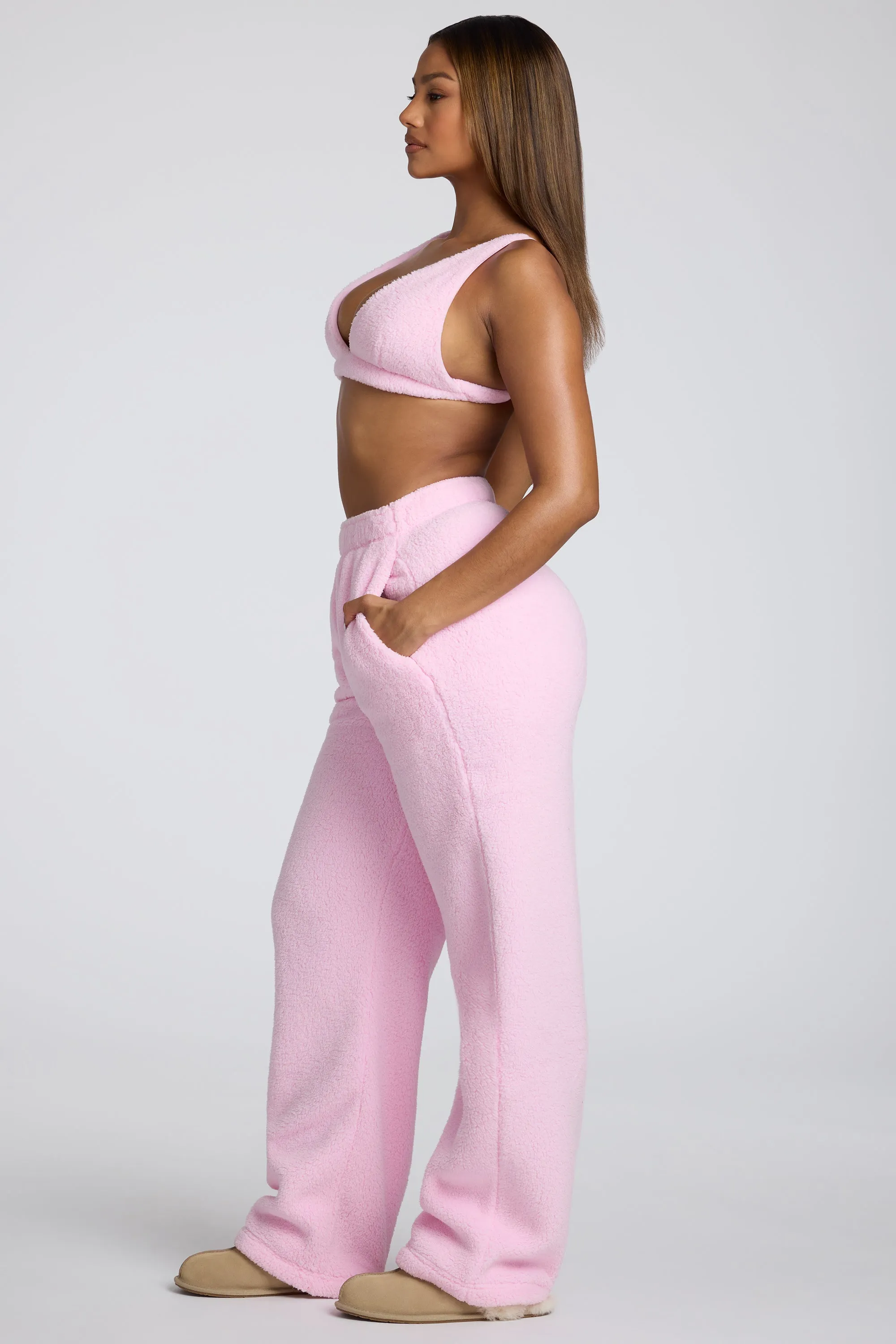 Petite Low Rise Straight Leg Fleece Joggers in Baby Pink