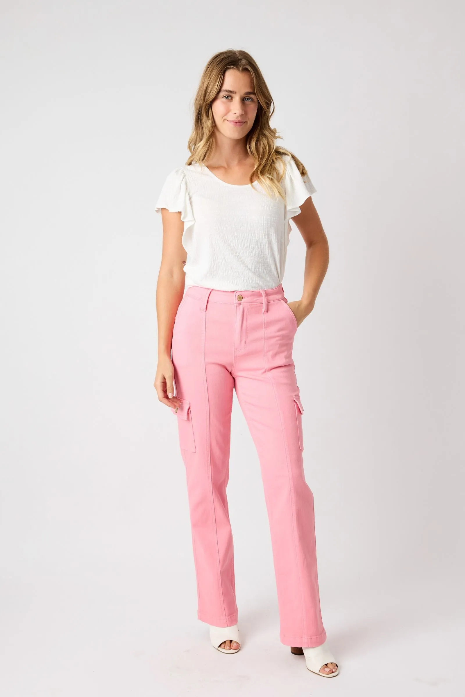 Pink Dyed High Waist Cargo Straight Denim