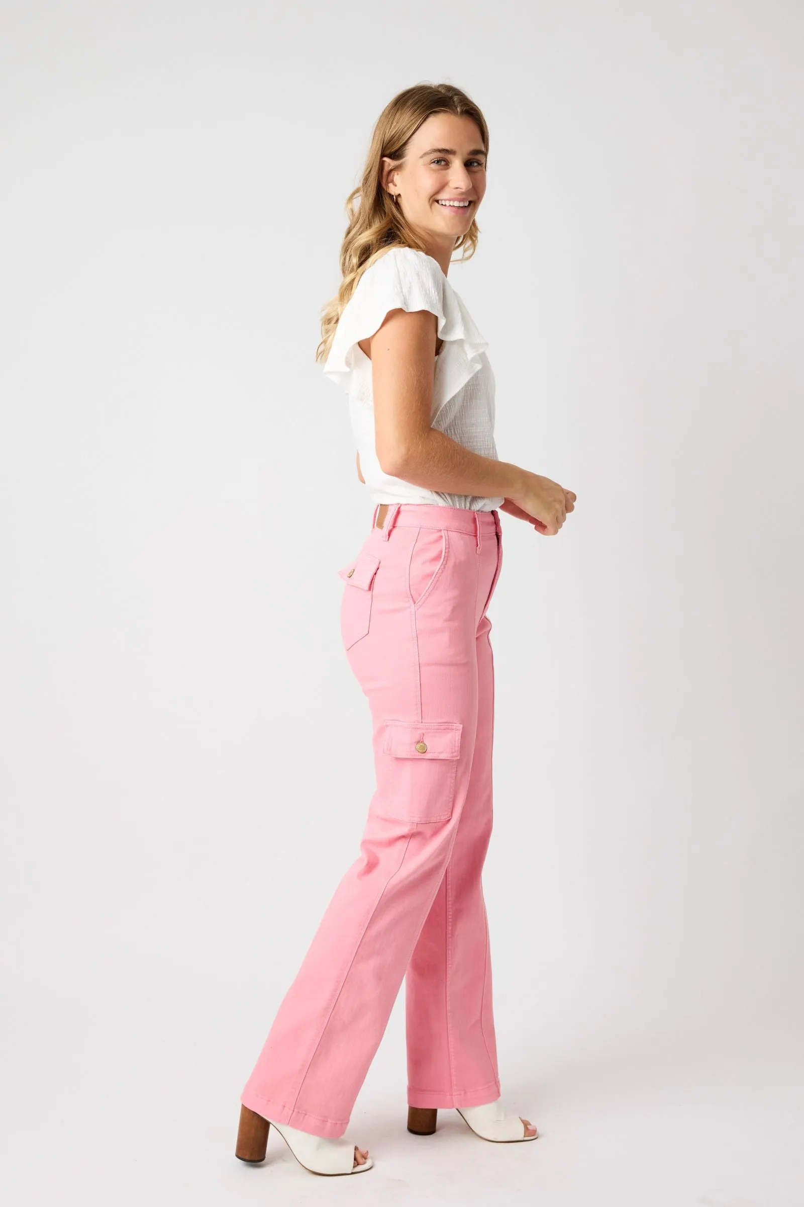 Pink Dyed High Waist Cargo Straight Denim