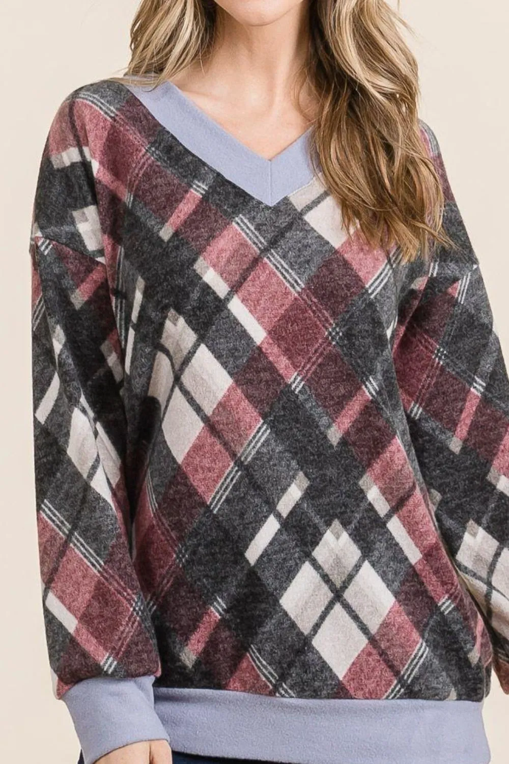 Plaid V-Neck Long Sleeve T-Shirt