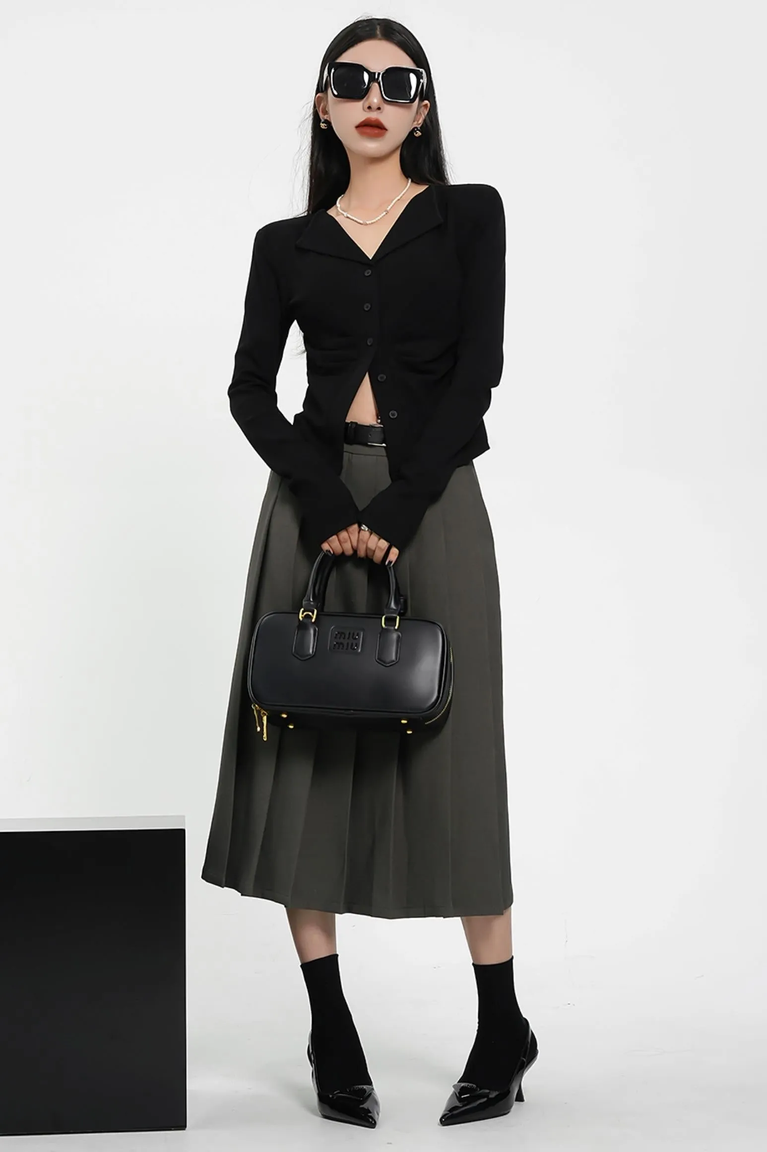 Pleated Midi Skirt - High-Waisted A-Line Olive Green Office Wear