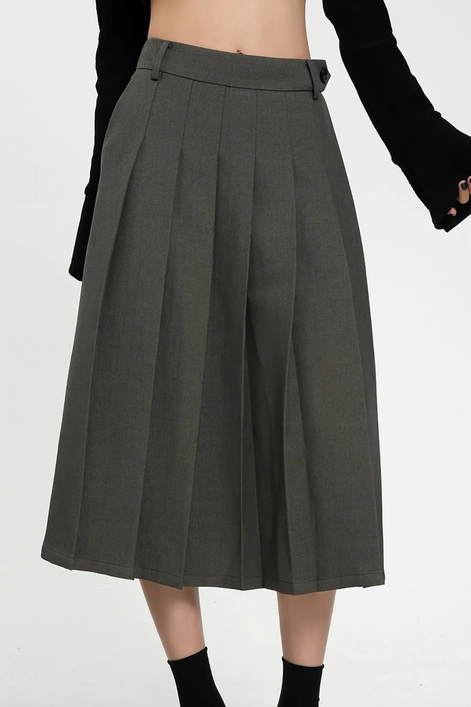 Pleated Midi Skirt - High-Waisted A-Line Olive Green Office Wear