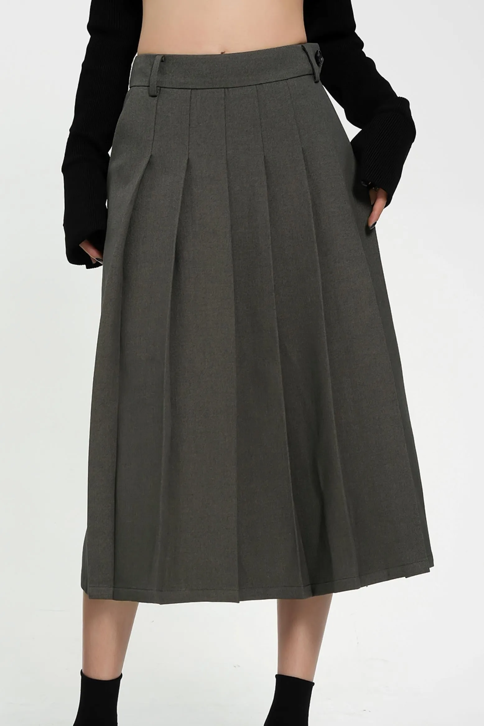 Pleated Midi Skirt - High-Waisted A-Line Olive Green Office Wear