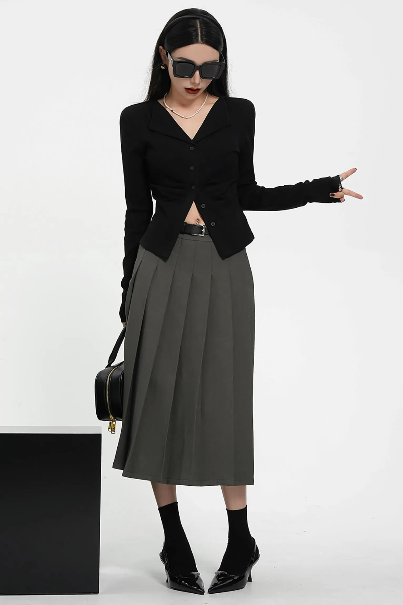 Pleated Midi Skirt - High-Waisted A-Line Olive Green Office Wear